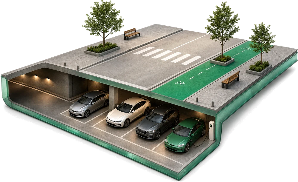 Une rue rendue aux piétons et aux vélos, les voitures stationnées au niveau souterrain en dessous